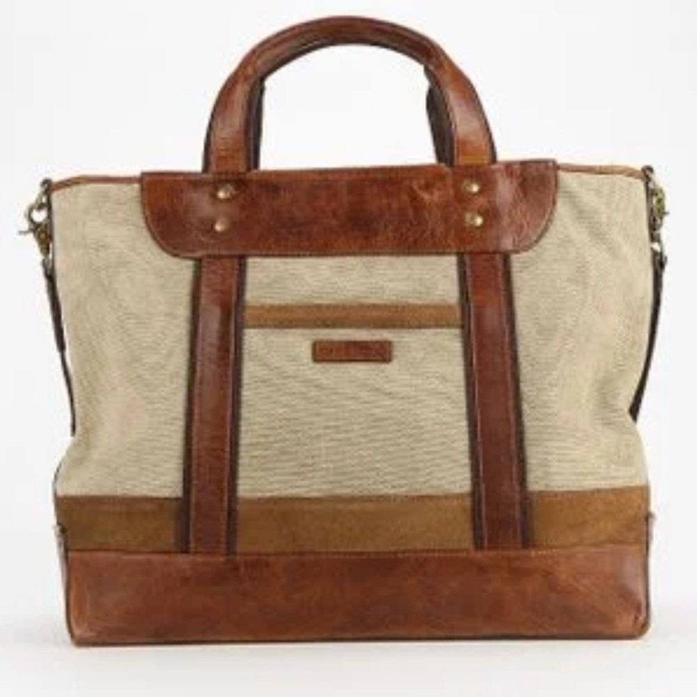 FRYE Classic Brown and Tan Men's Tote Bag sample Leather & Canvas Duffel Bag